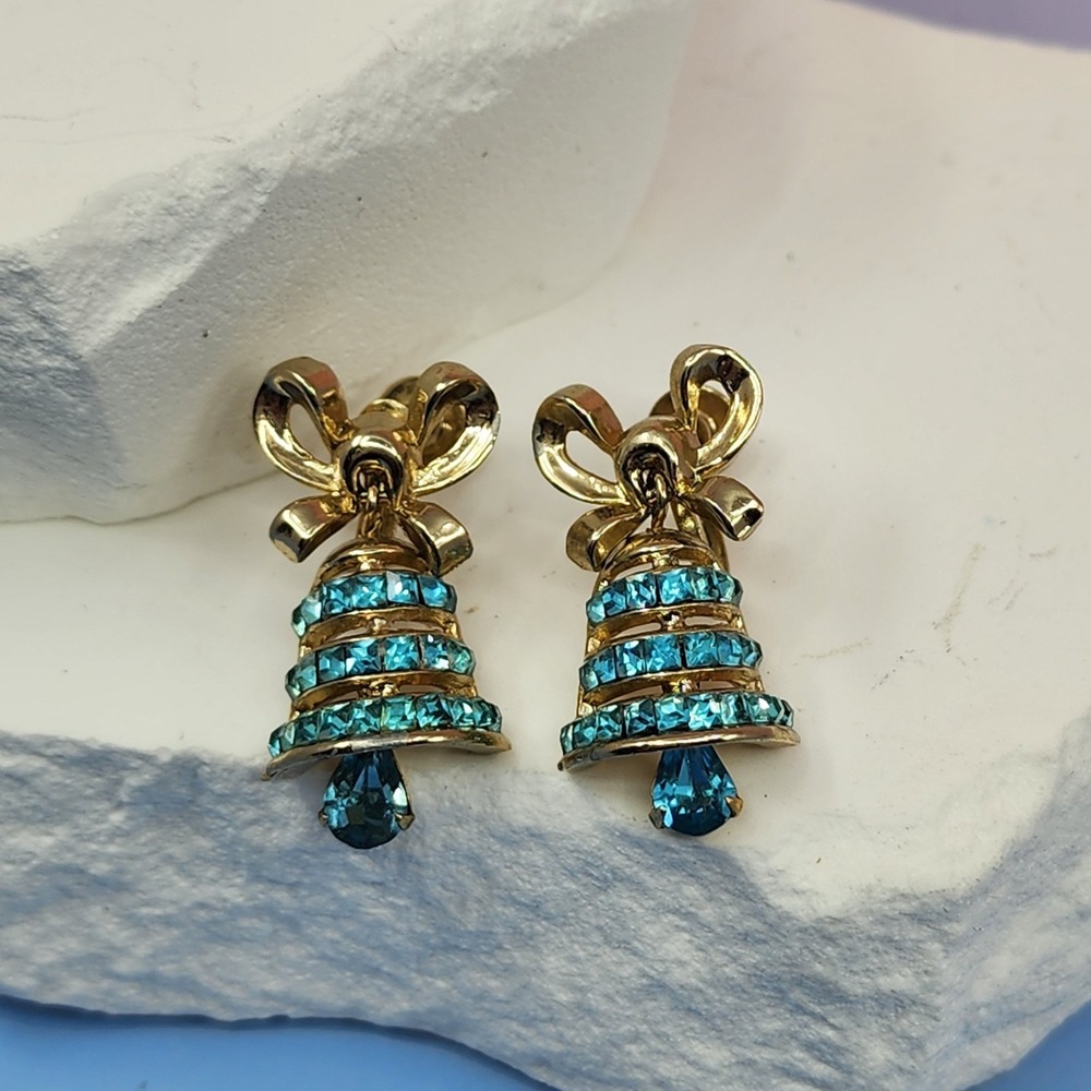 Coro Gold Tone Blue Rhinestone Bell Dangle Screw Back Earrings Vintage Christmas